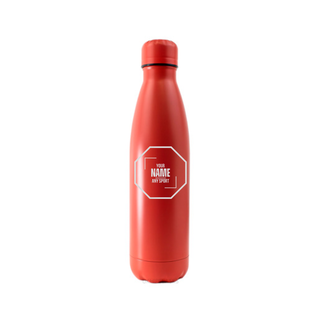 Personalised Gift: Steel Water Bottle, Octagon Logo Design, Personalised with Your Name & Any Sport