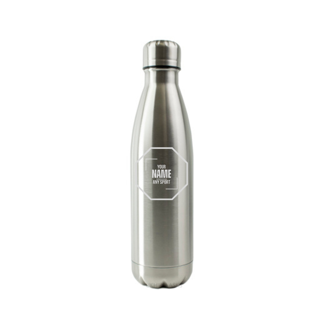 Personalised Gift: Steel Water Bottle, Octagon Logo Design, Personalised with Your Name & Any Sport