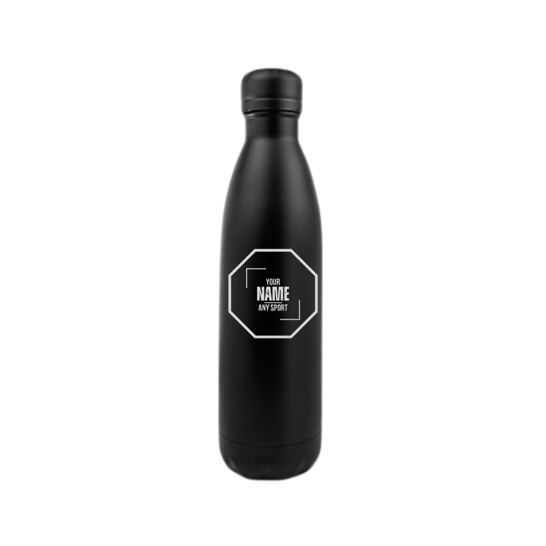 Personalised Gift: Steel Water Bottle, Octagon Logo Design, Personalised with Your Name & Any Sport