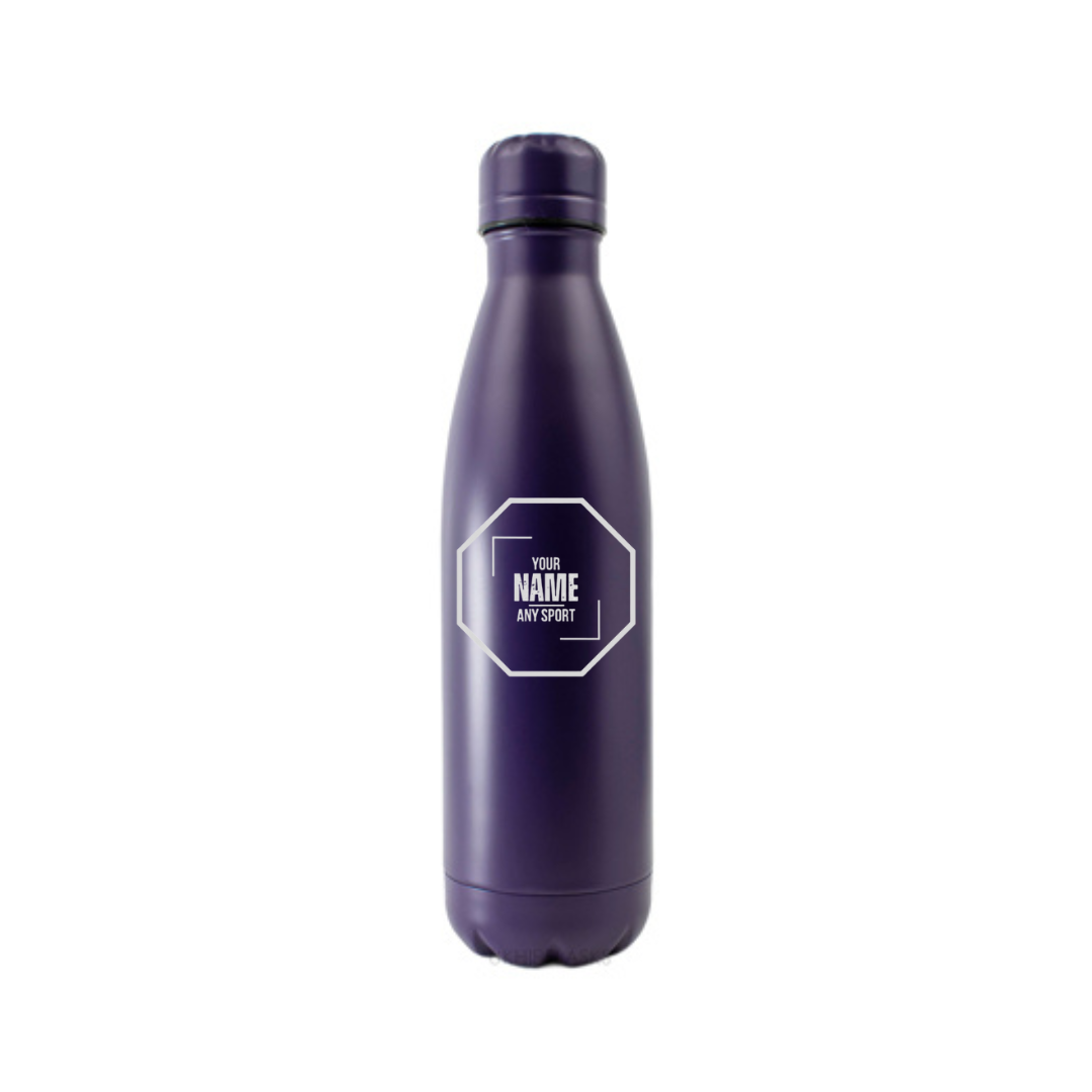 Personalised Gift: Steel Water Bottle, Octagon Logo Design, Personalised with Your Name & Any Sport