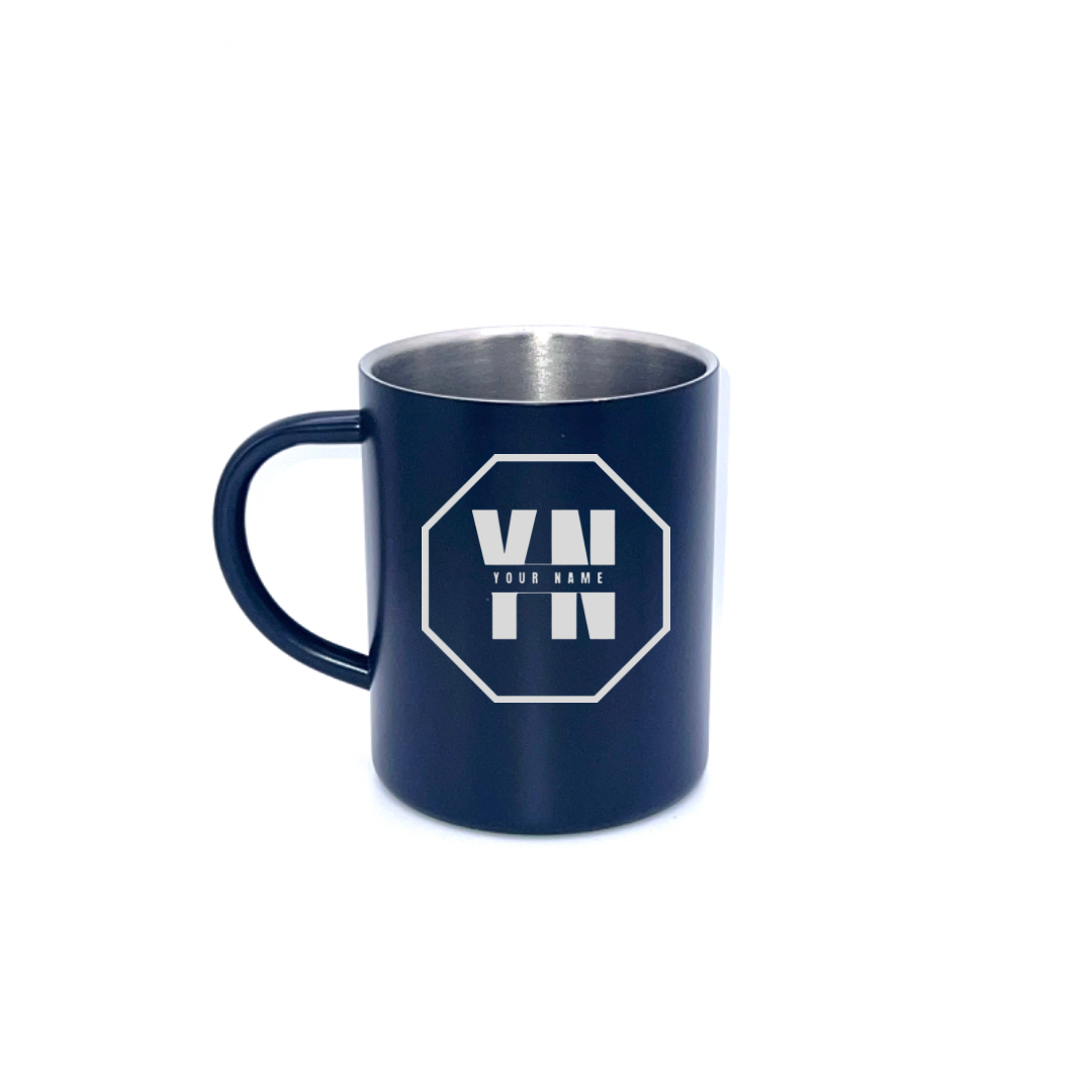 Personalised Gift: Steel Mug, Octagon Logo Design with Your Name