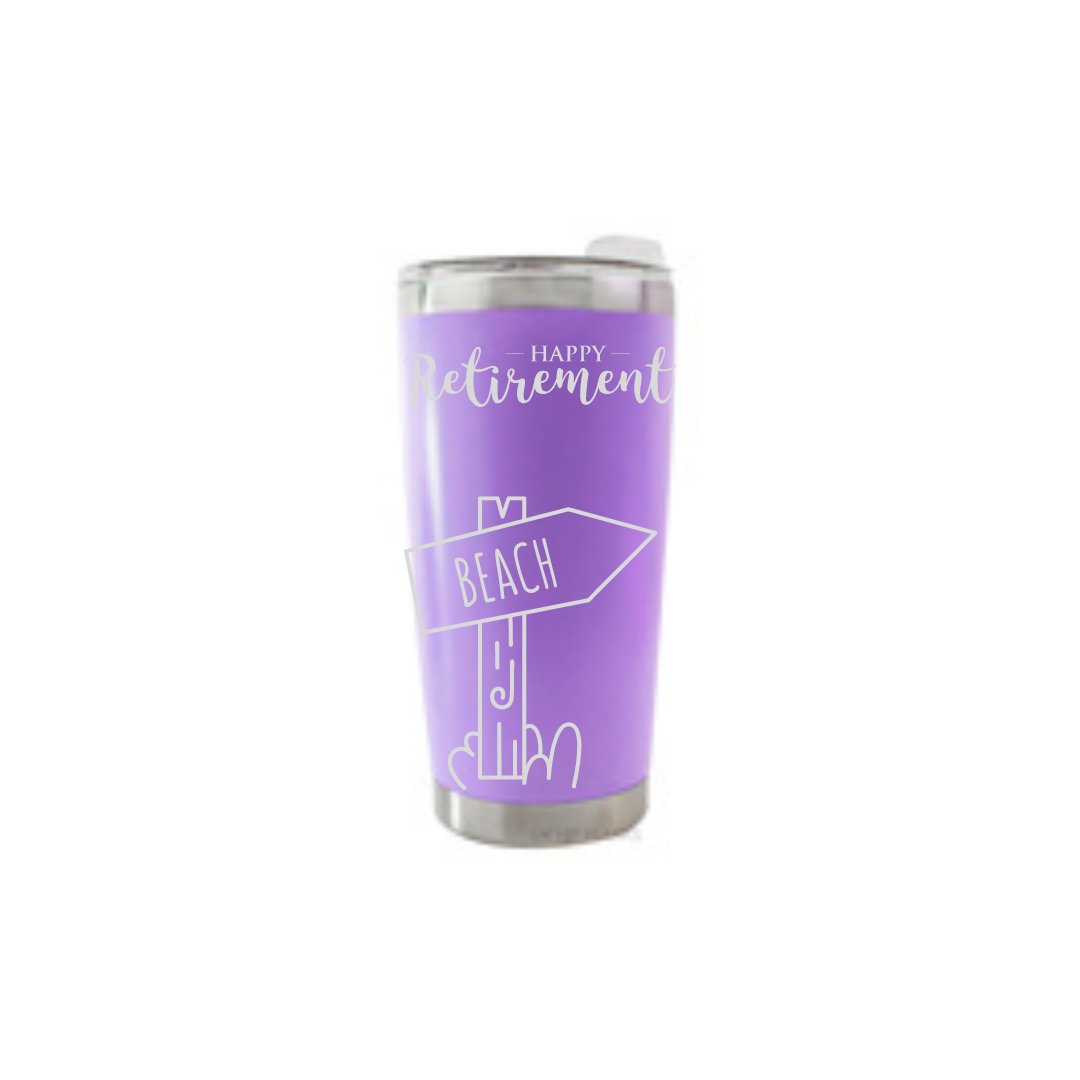 Personalised Gift: Thermal Travel Mug, Happy Retirement Beach Design