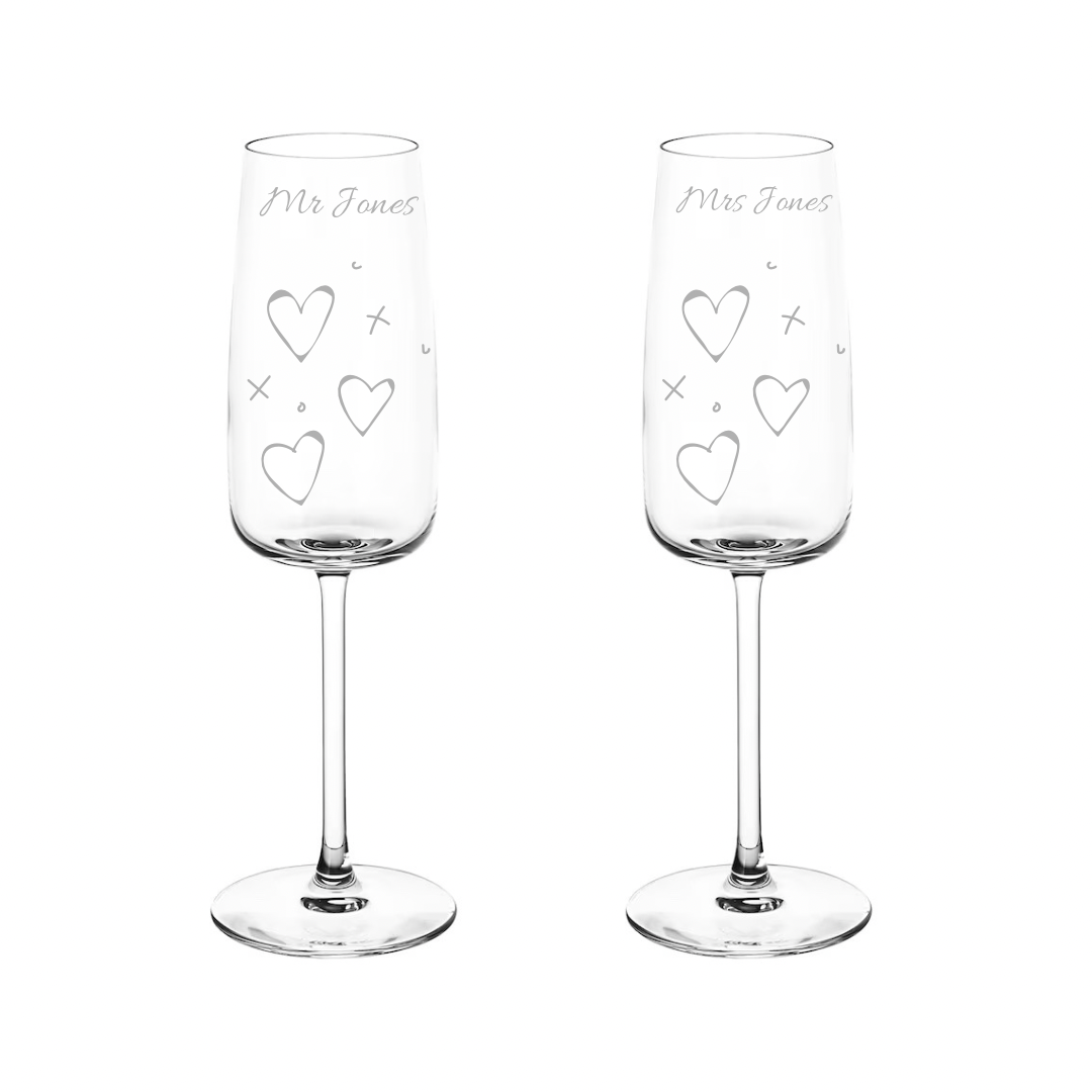 Personalised Gift: Personalised Champagne Glass, Hearts & Kisses Design, Any Name