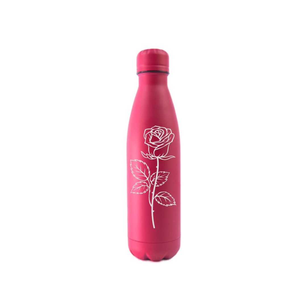 Personalised Gift: Steel Water Bottle, Rose Design, Personalised with Any Name
