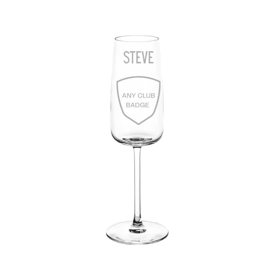 Personalised Gift: Personalised Champagne Glass, Any Name & Any Club Badge