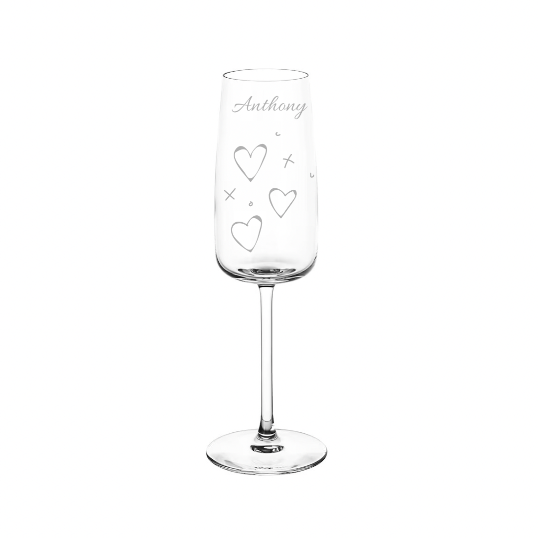 Personalised Gift: Personalised Champagne Glass, Hearts & Kisses Design, Any Name