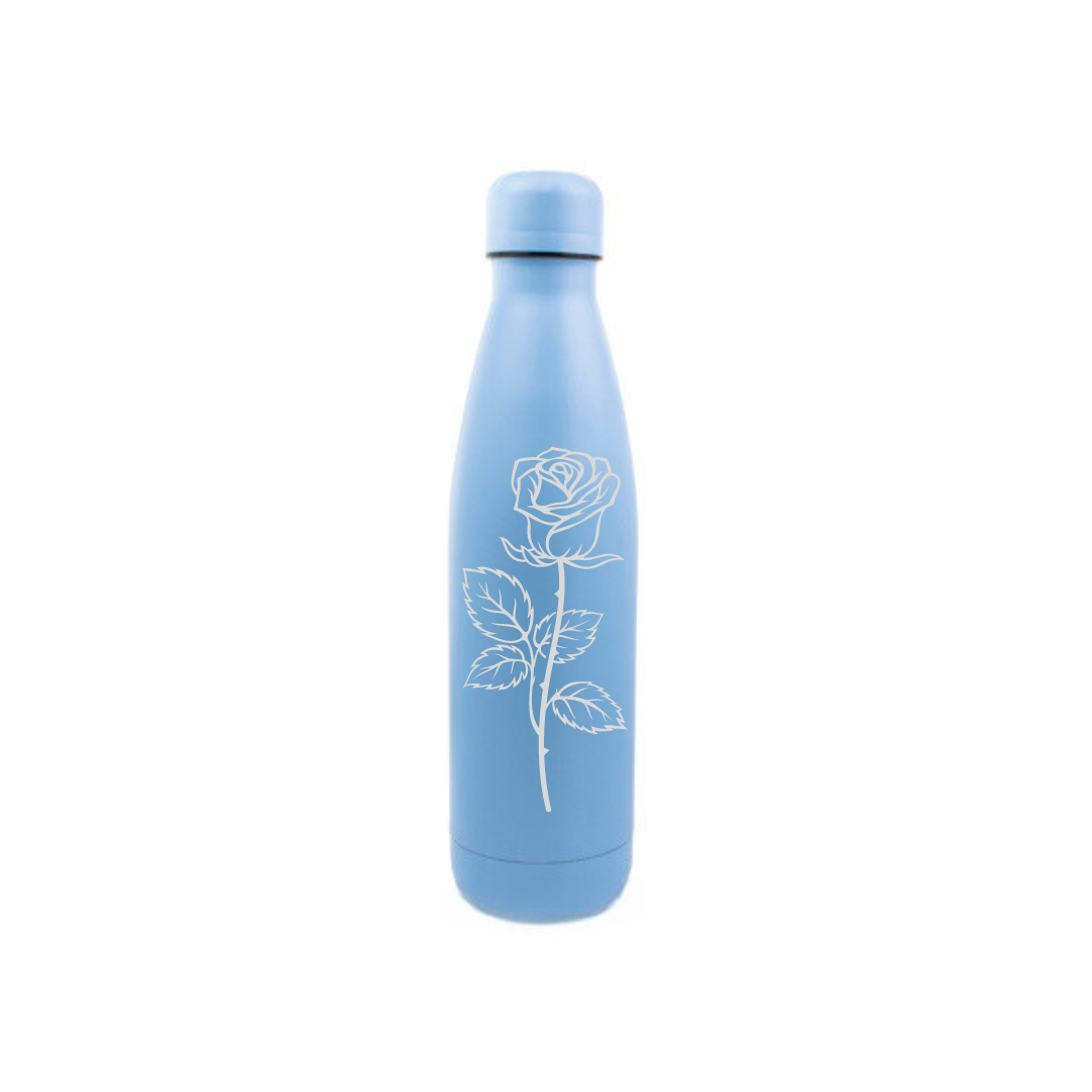 Personalised Gift: Steel Water Bottle, Rose Design, Personalised with Any Name
