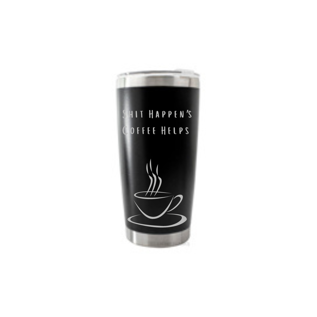 Personalised Gift: Thermal Travel Mug, Shit Happen’s Coffee Helps Design