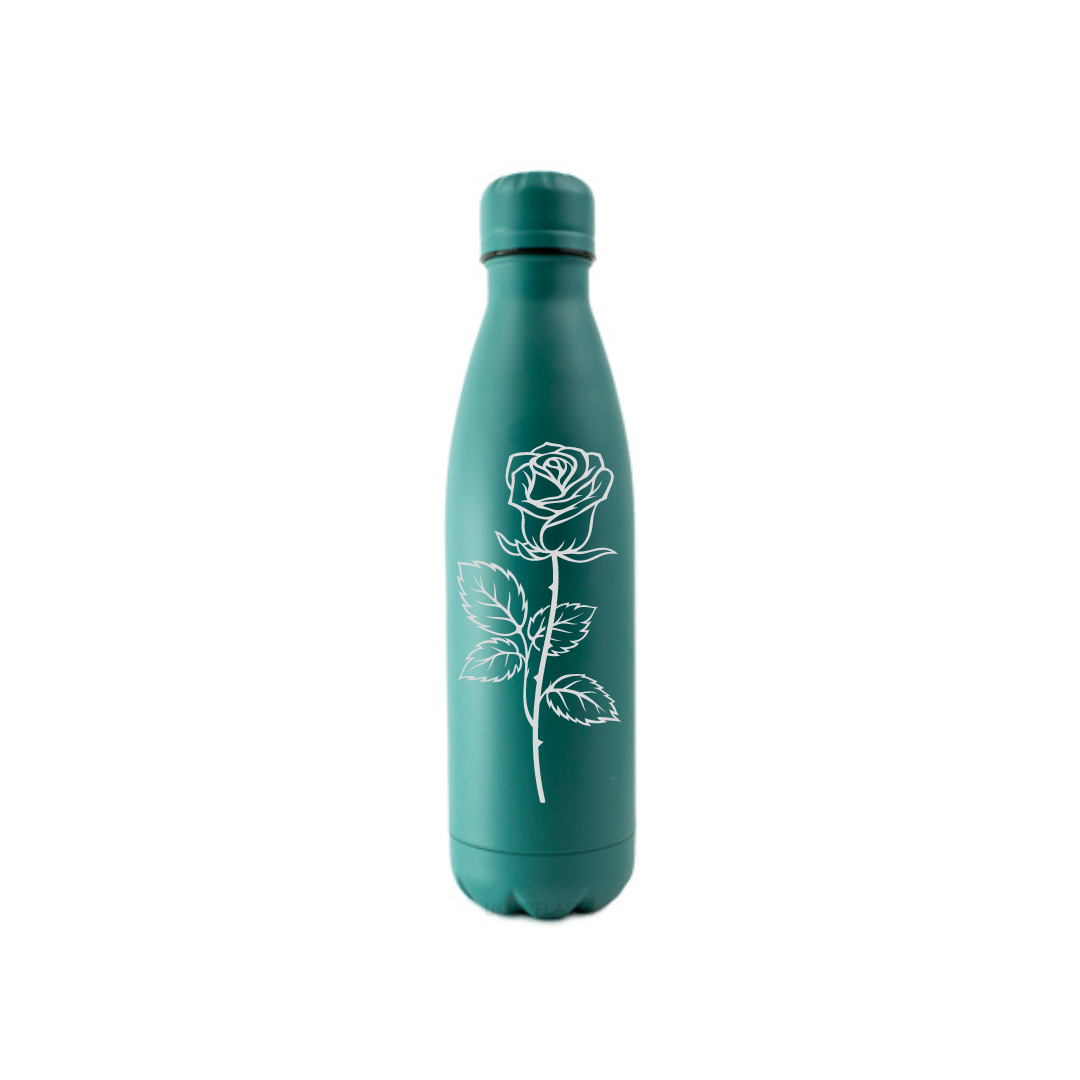 Personalised Gift: Steel Water Bottle, Rose Design, Personalised with Any Name