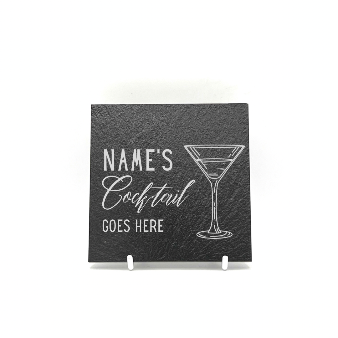 Personalised Gift: Slate Coaster, Personalised with Your Favourite Drink & Your Name. Gin, Beer, Wine, Tea, Coffee, Vodka, Whiskey, Champagne, Cocktails, Prosecco