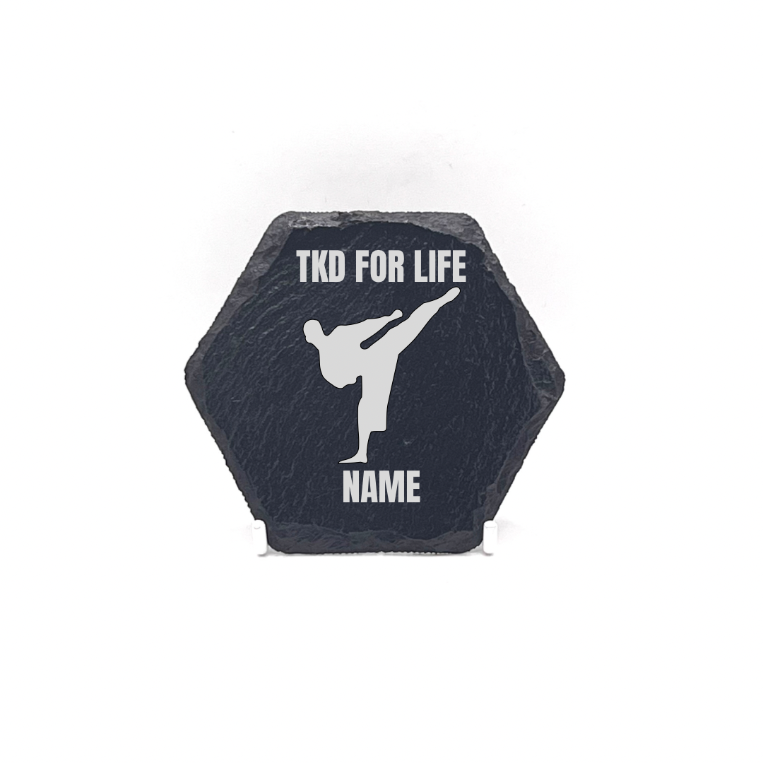 Personalised Gift: Slate Coaster, Male, Taekwondo, TKD Design & Any Name