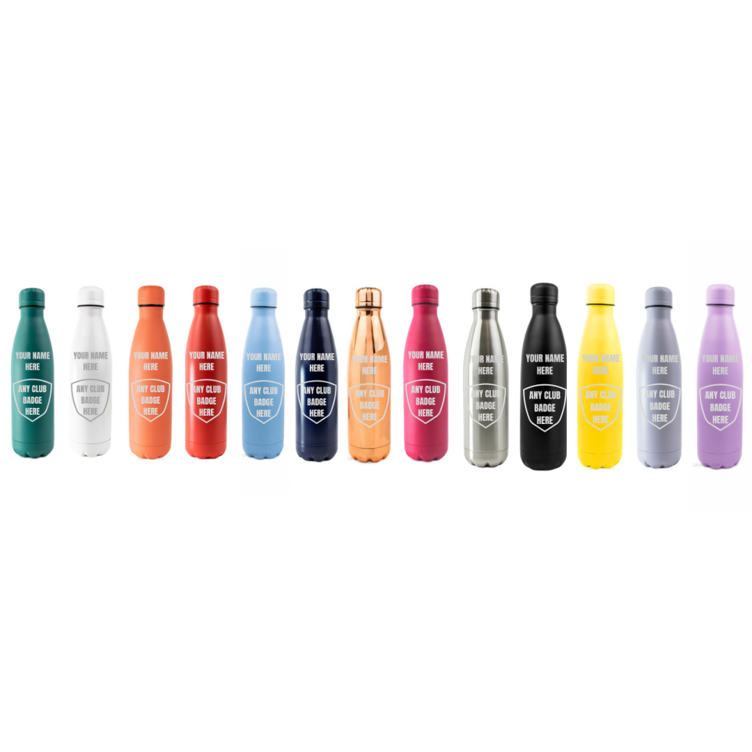Personalised Gift: Steel Water Bottle, Any Club Badge & Any Name