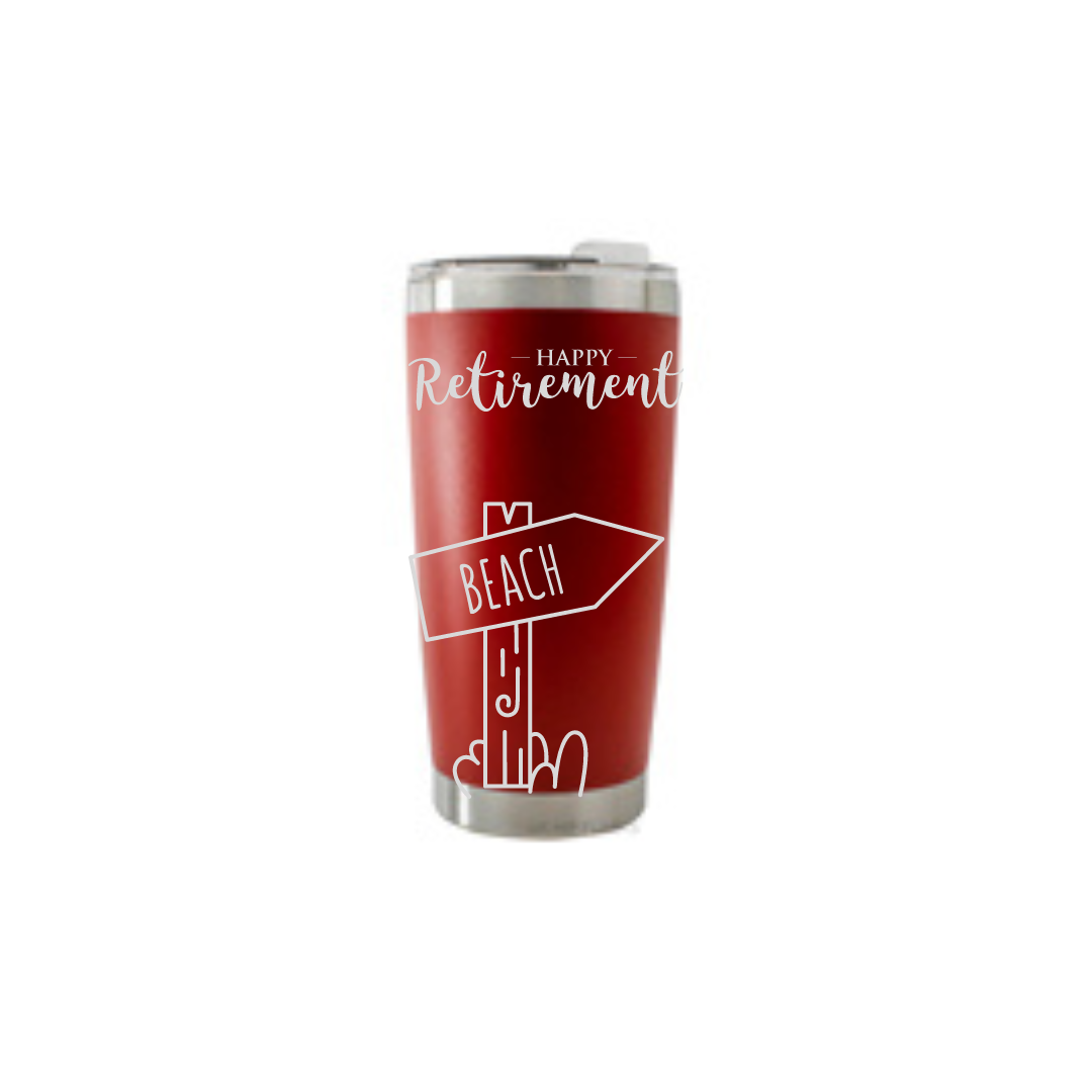 Personalised Gift: Thermal Travel Mug, Happy Retirement Beach Design