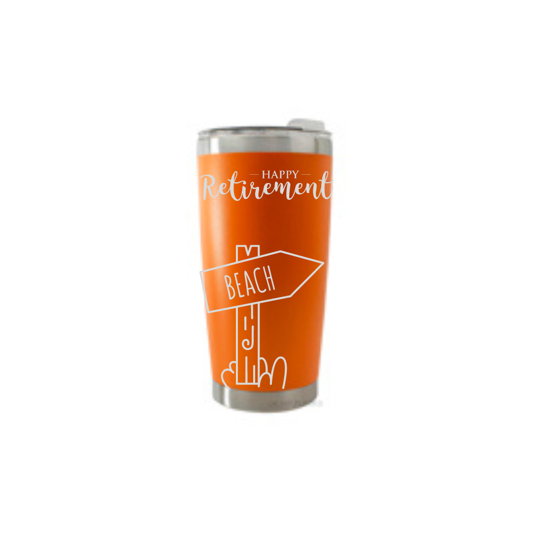 Personalised Gift: Thermal Travel Mug, Happy Retirement Beach Design