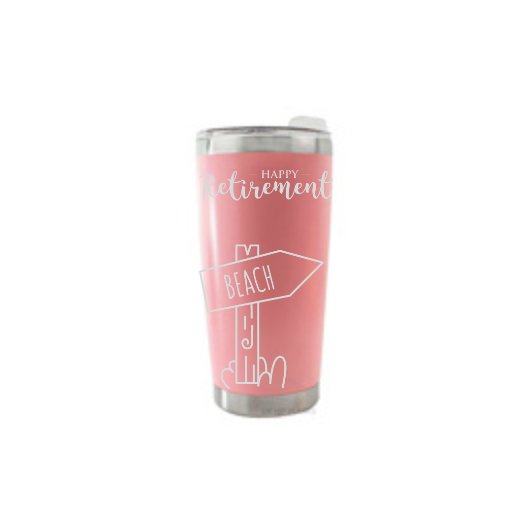 Personalised Gift: Thermal Travel Mug, Happy Retirement Beach Design