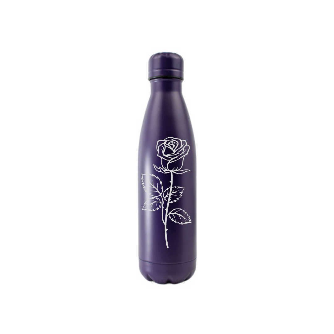 Personalised Gift: Steel Water Bottle, Rose Design, Personalised with Any Name