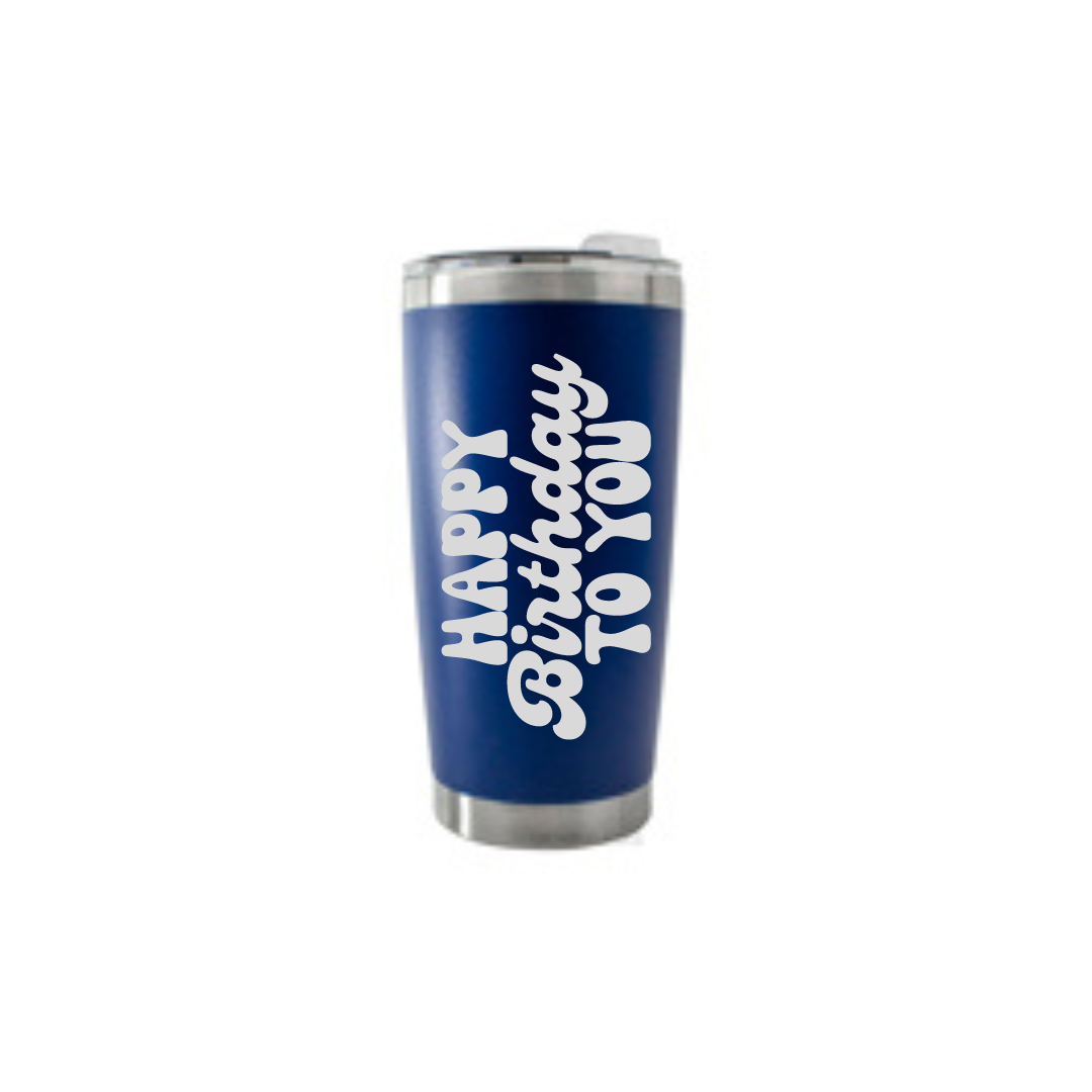 Personalised Gift: Thermal Travel Mug, Happy Birthday Design