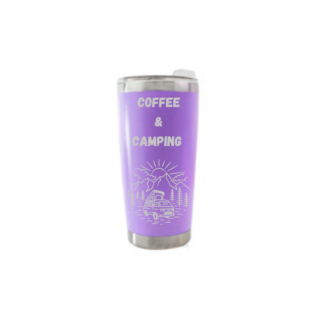 Personalised Gift: Thermal Travel Mug, Coffee & Camping Design