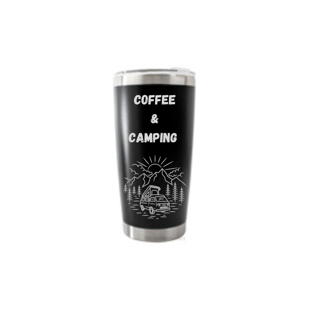 Personalised Gift: Thermal Travel Mug, Coffee & Camping Design