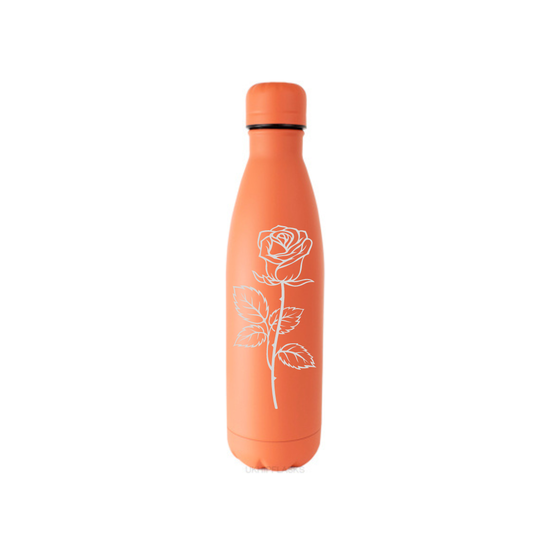 Personalised Gift: Steel Water Bottle, Rose Design, Personalised with Any Name