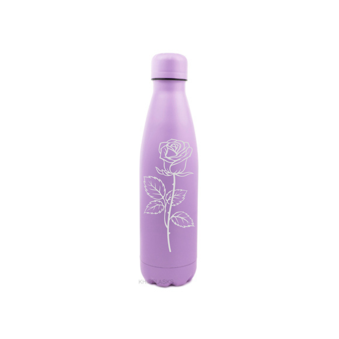 Personalised Gift: Steel Water Bottle, Rose Design, Personalised with Any Name