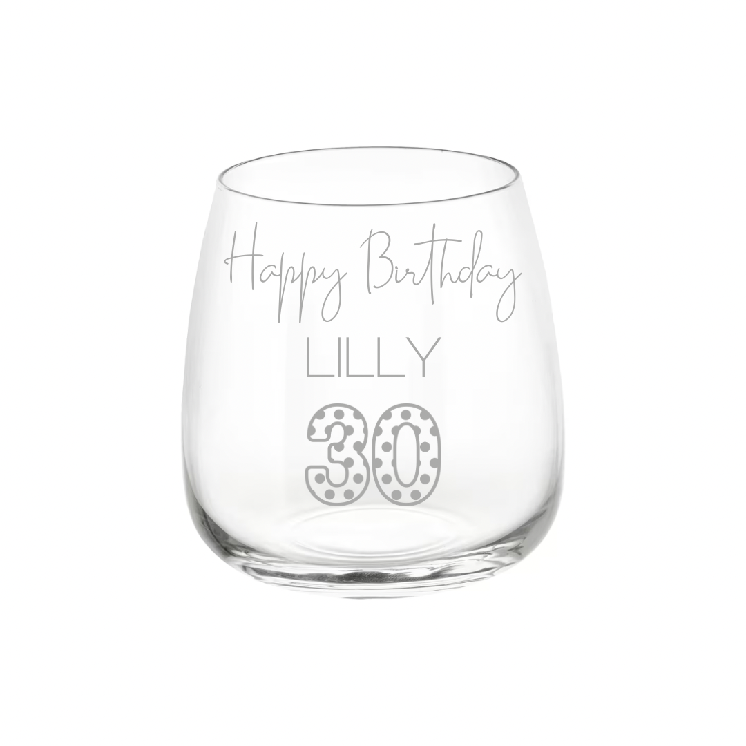 Personalised Gift: Personalised Glass, Happy Birthday Design, Any Name & Any Age