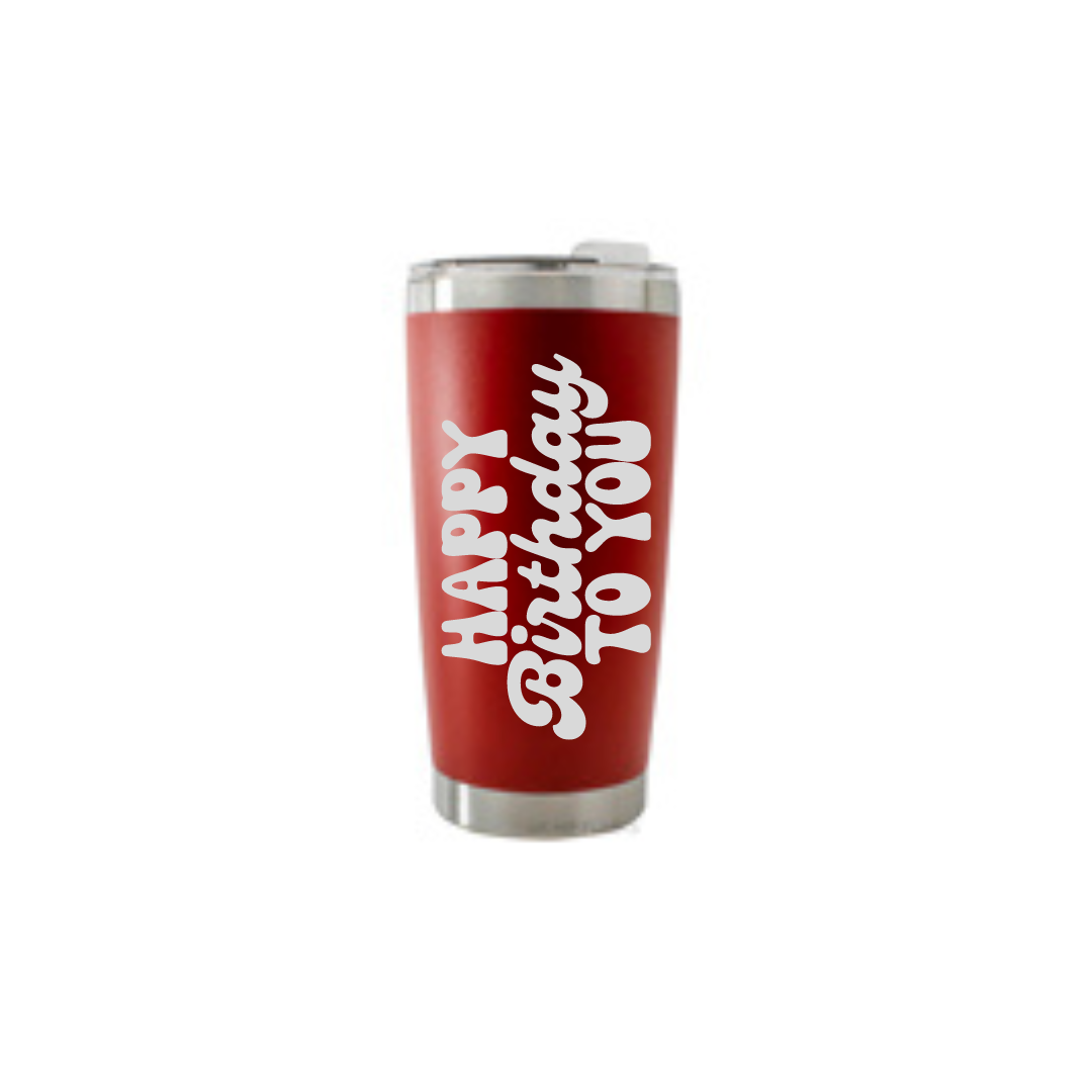 Personalised Gift: Thermal Travel Mug, Happy Birthday Design