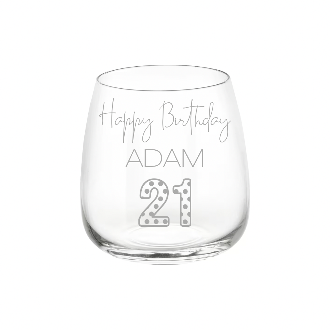 Personalised Gift: Personalised Glass, Happy Birthday Design, Any Name & Any Age