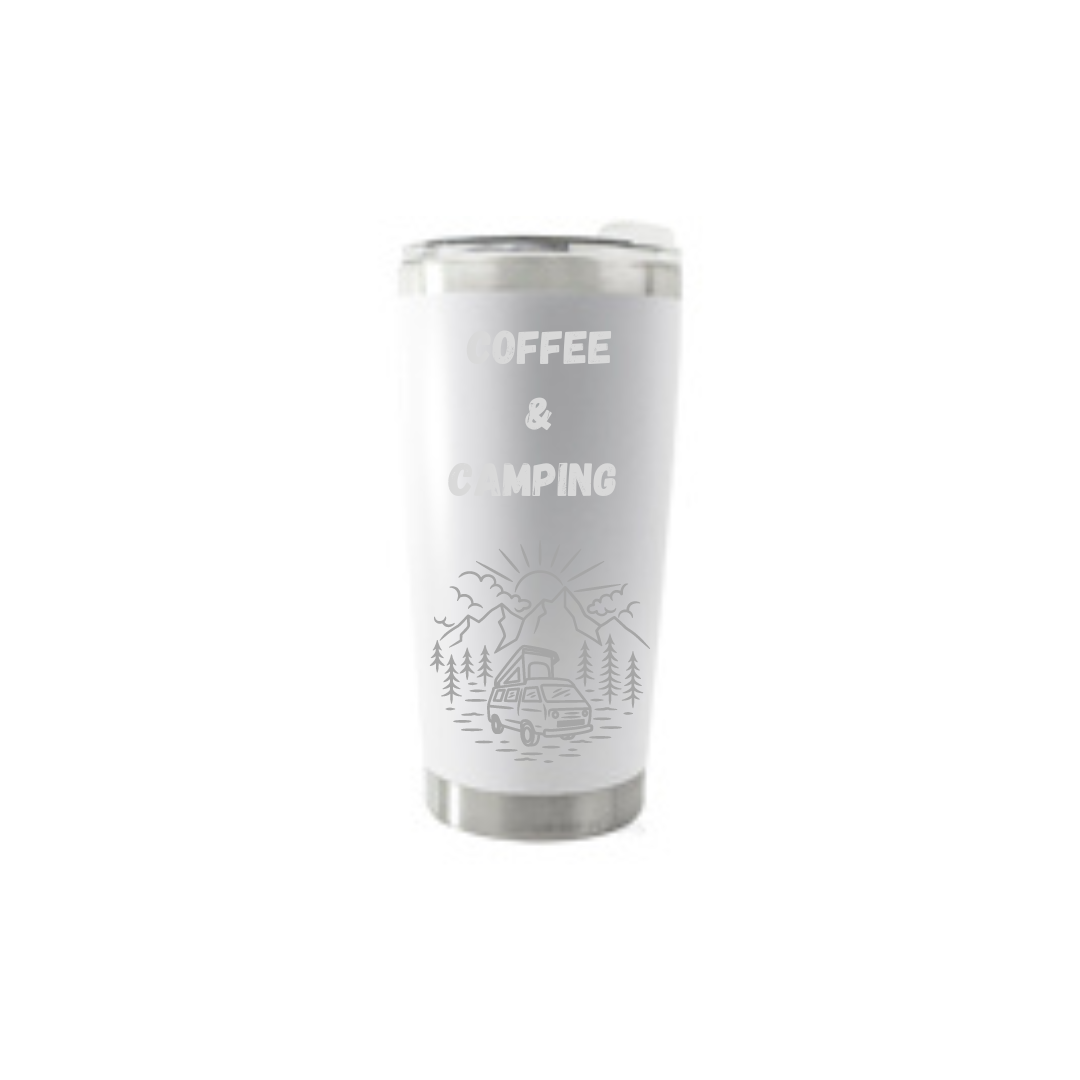 Personalised Gift: Thermal Travel Mug, Coffee & Camping Design