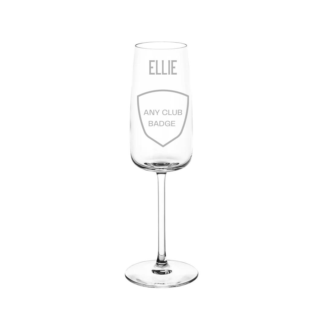 Personalised Gift: Personalised Champagne Glass, Any Name & Any Club Badge