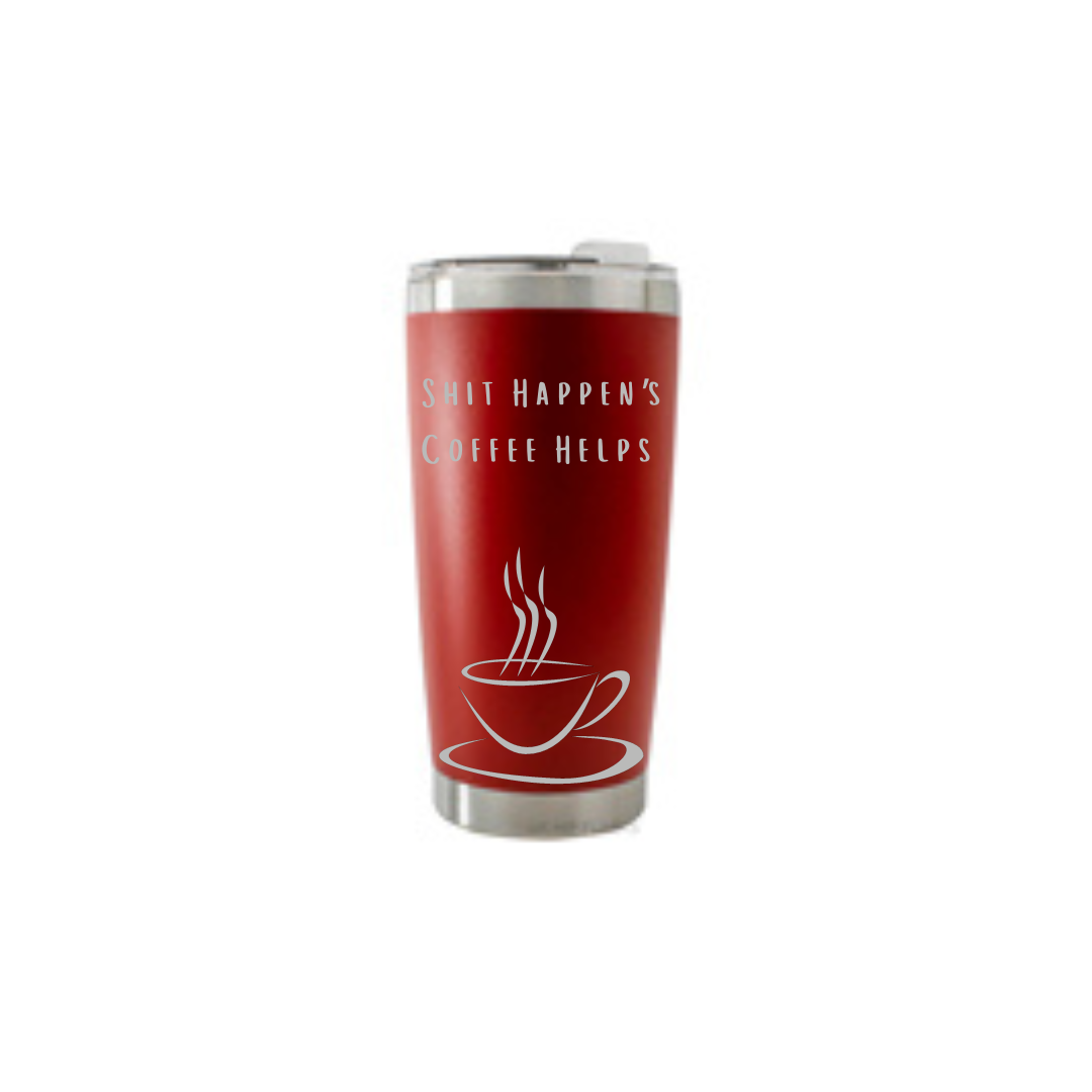 Personalised Gift: Thermal Travel Mug, Shit Happen’s Coffee Helps Design