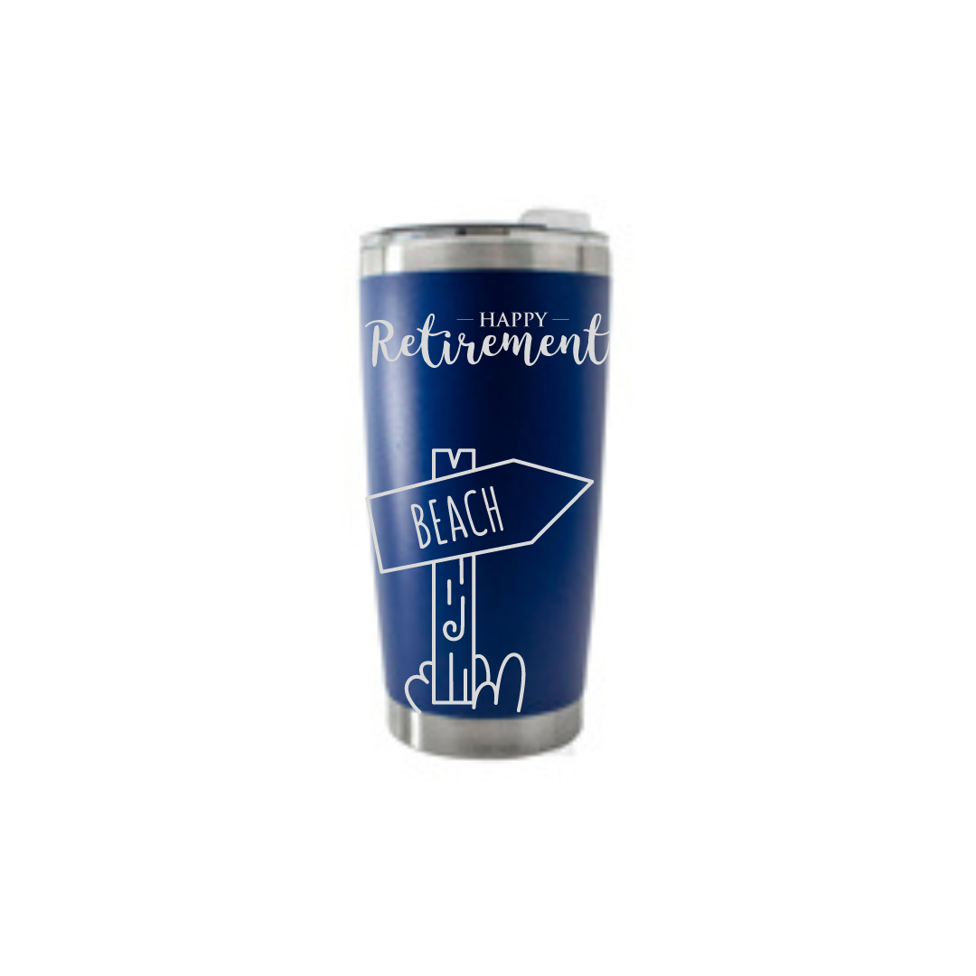 Personalised Gift: Thermal Travel Mug, Happy Retirement Beach Design