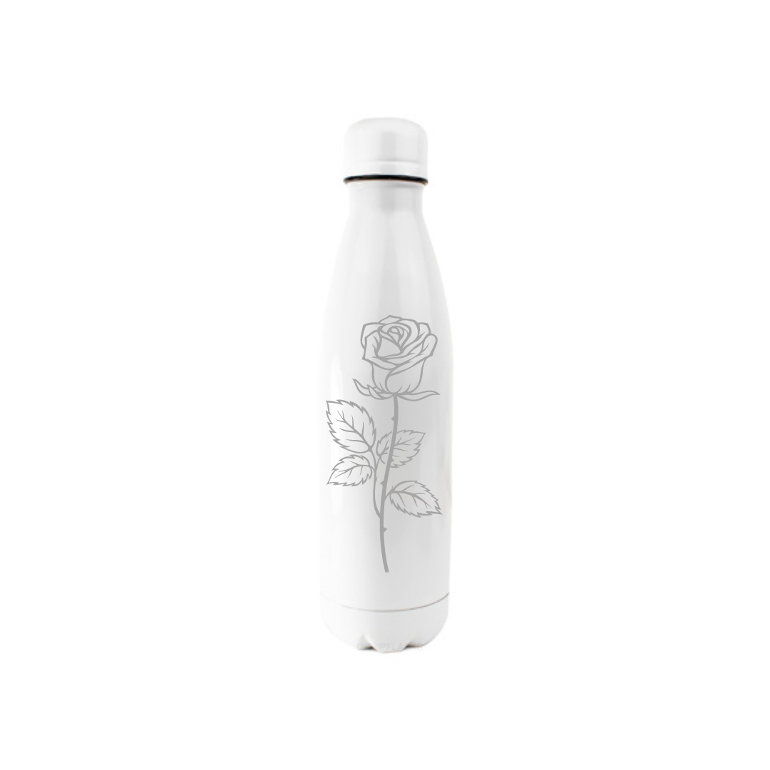 Personalised Gift: Steel Water Bottle, Rose Design, Personalised with Any Name