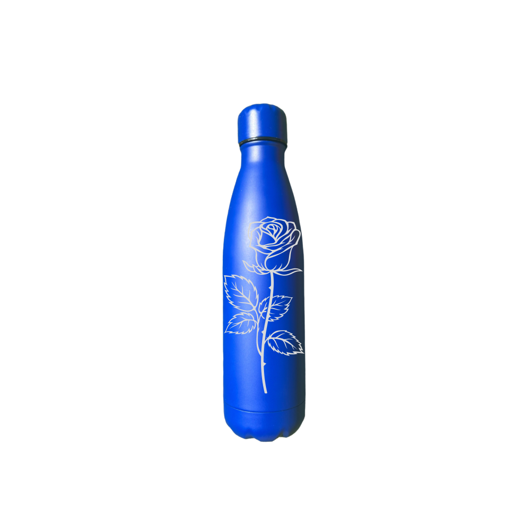 Personalised Gift: Steel Water Bottle, Rose Design, Personalised with Any Name