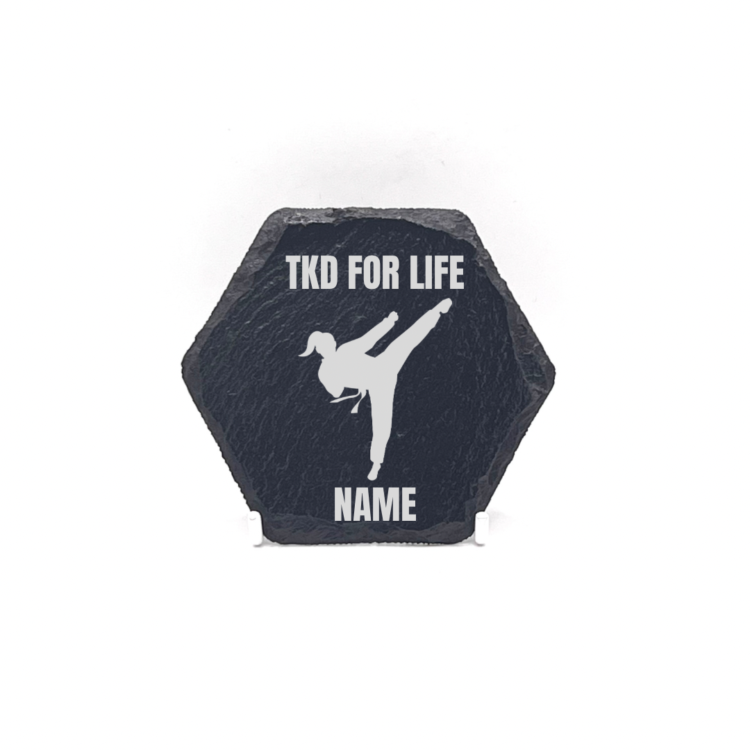 Personalised Gift: Slate Coaster, Taekwondo, TKD Design & Any Name