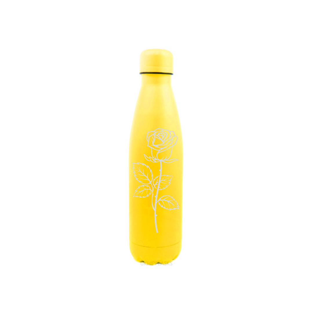 Personalised Gift: Steel Water Bottle, Rose Design, Personalised with Any Name