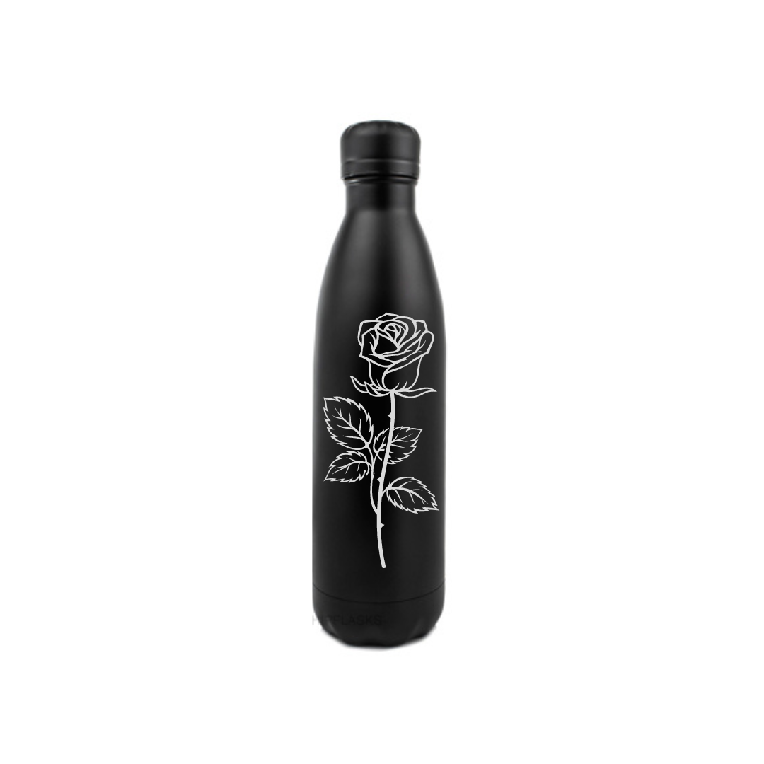 Personalised Gift: Steel Water Bottle, Rose Design, Personalised with Any Name