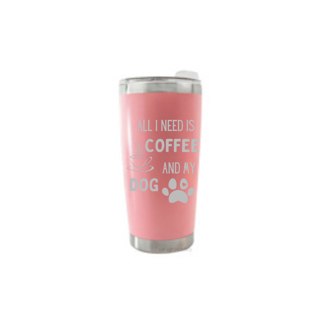 Personalised Gift: Thermal Travel Mug, All I Need Is My Dog & My Coffee Design
