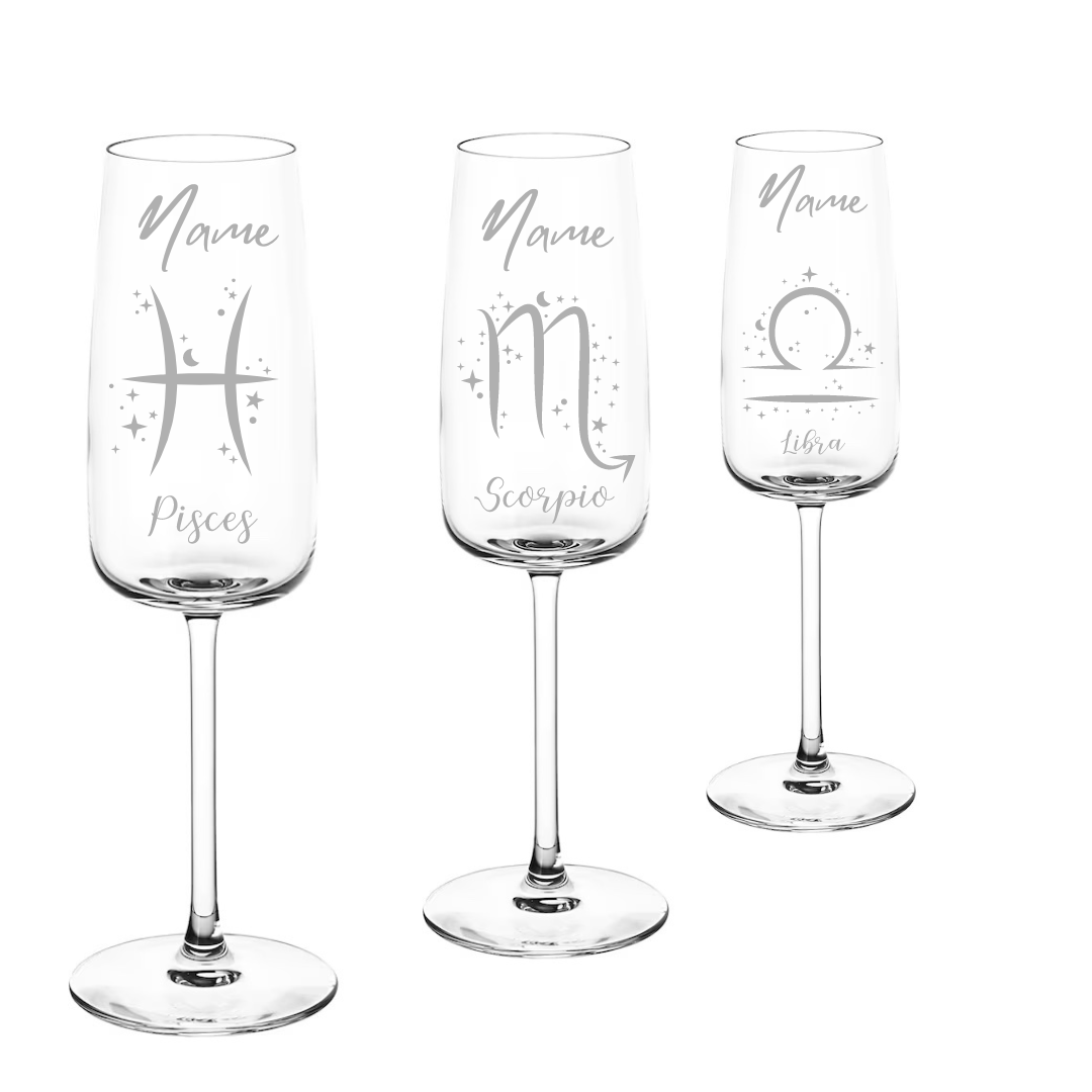 Personalised Gift: Personalised Champagne Glass, Sign of the Zodiac, Star Sign & Any Name