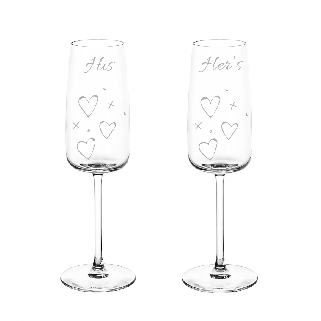 Personalised Gift: Personalised Champagne Glass, Hearts & Kisses Design, Any Name