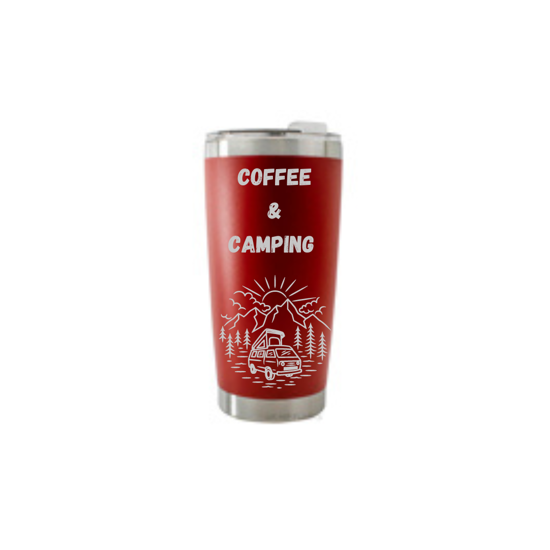 Personalised Gift: Thermal Travel Mug, Coffee & Camping Design