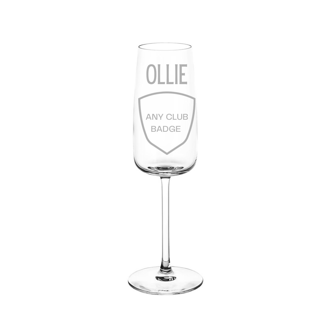 Personalised Gift: Personalised Champagne Glass, Any Name & Any Club Badge