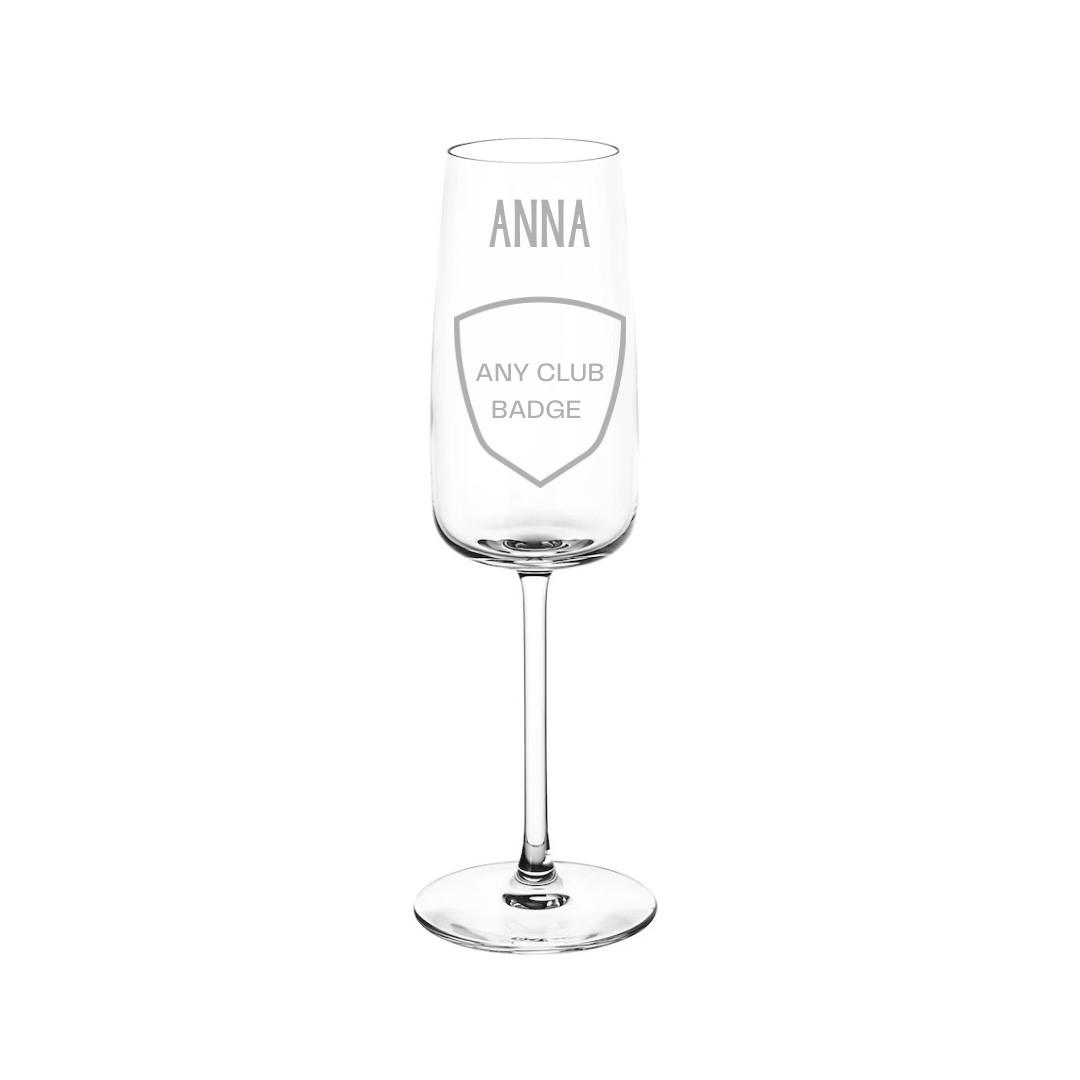 Personalised Gift: Personalised Champagne Glass, Any Name & Any Club Badge