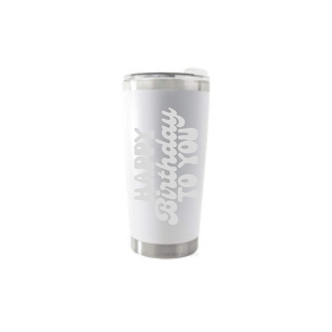 Personalised Gift: Thermal Travel Mug, Happy Birthday Design
