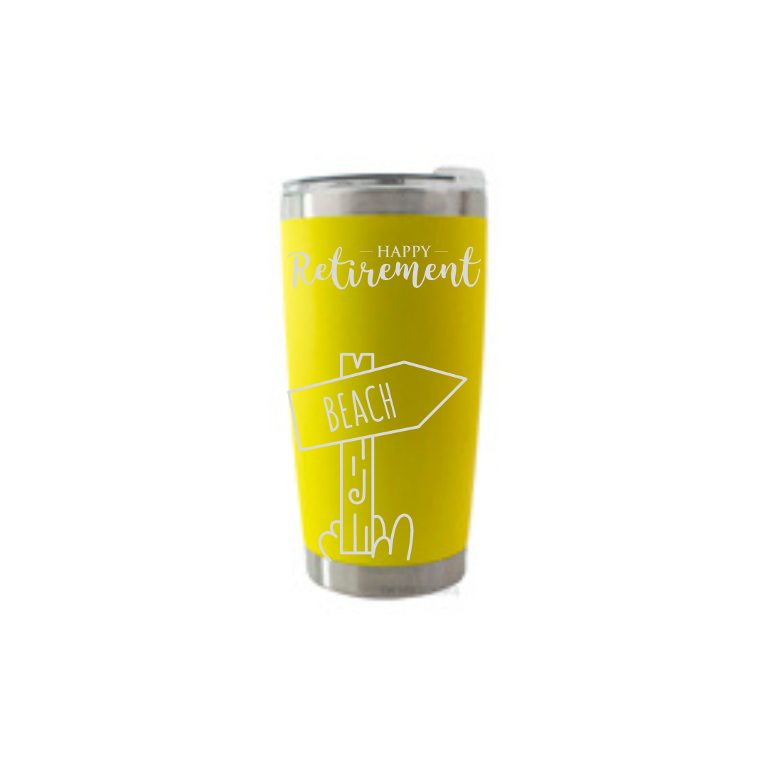 Personalised Gift: Thermal Travel Mug, Happy Retirement Beach Design