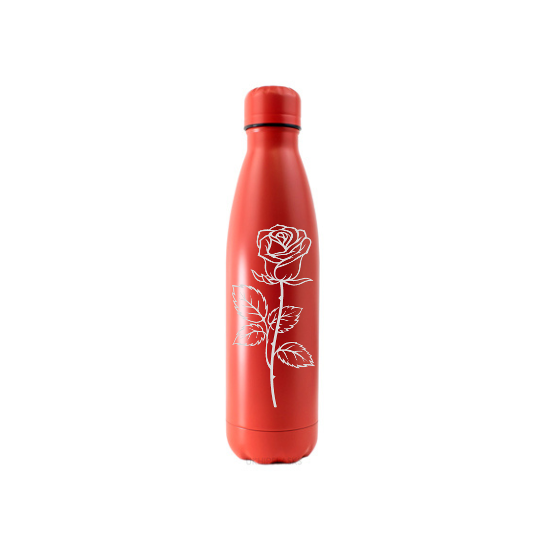 Personalised Gift: Steel Water Bottle, Rose Design, Personalised with Any Name