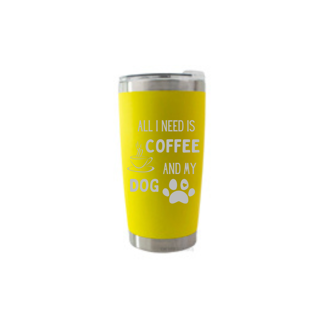 Personalised Gift: Thermal Travel Mug, All I Need Is My Dog & My Coffee Design