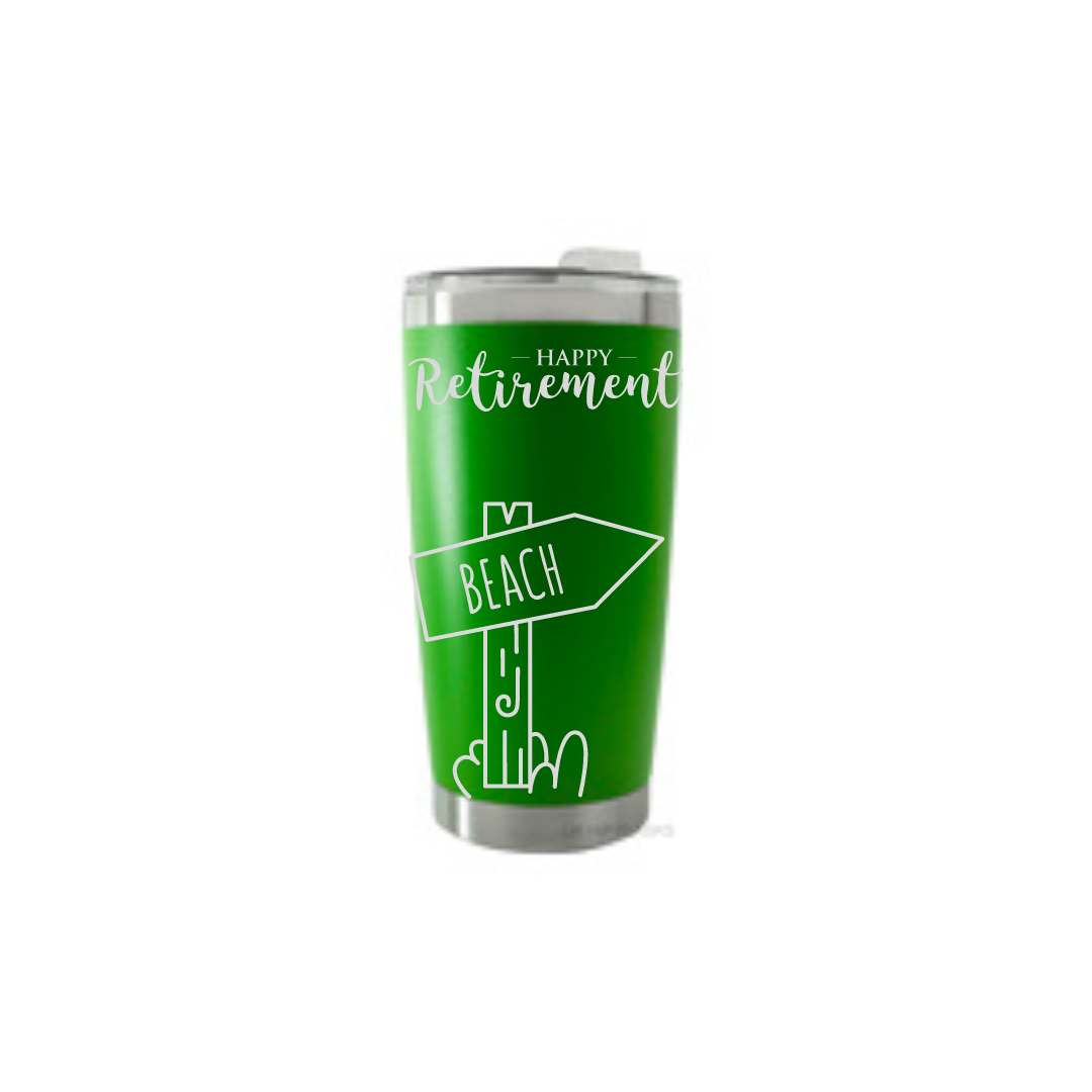 Personalised Gift: Thermal Travel Mug, Happy Retirement Beach Design