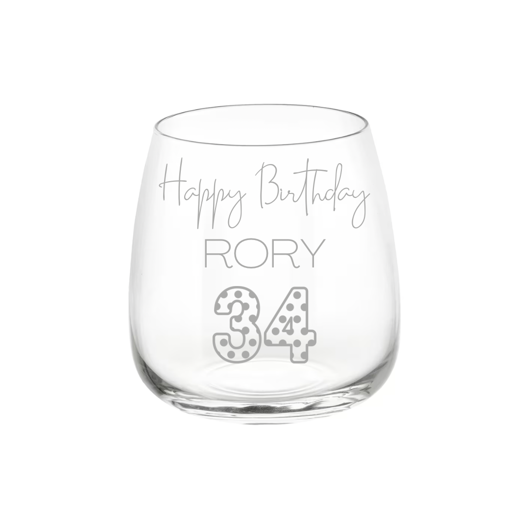Personalised Gift: Personalised Glass, Happy Birthday Design, Any Name & Any Age