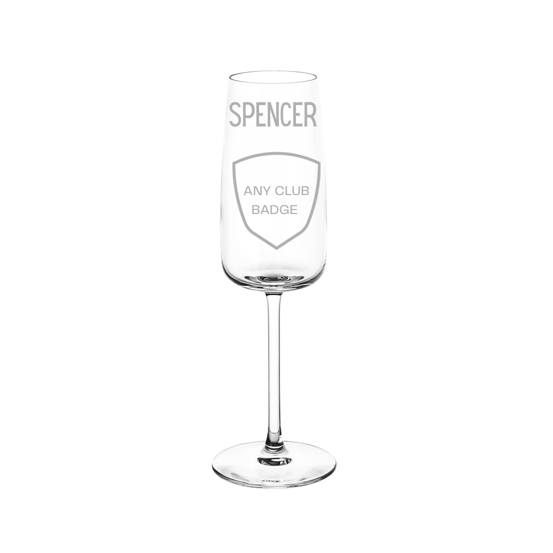Personalised Gift: Personalised Champagne Glass, Any Name & Any Club Badge